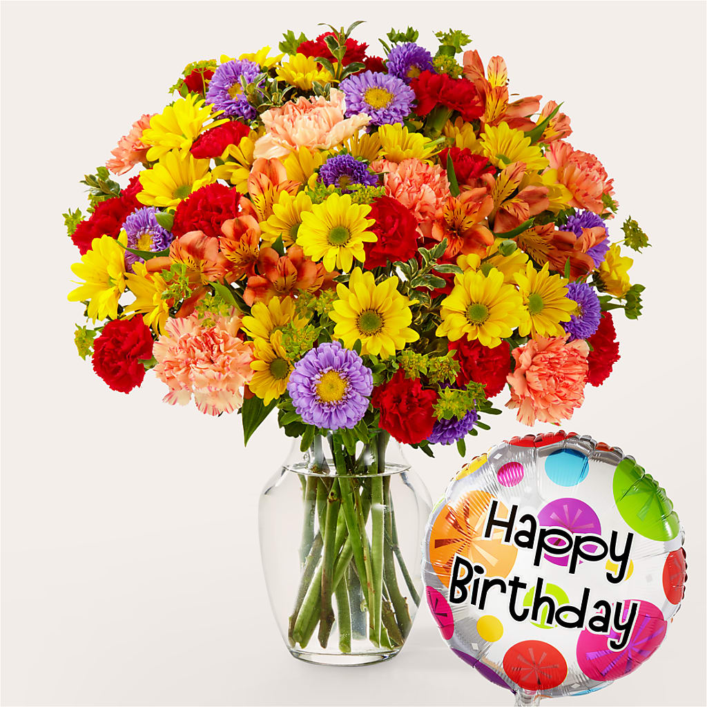 Kaleidoscope Bouquet with Birthday Balloon – YOLE'S FLOWERS, New Orleans LA