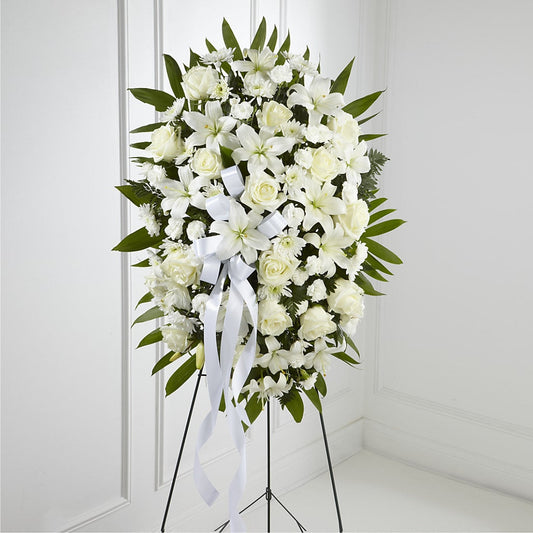 Exquisite Tribute Standing Spray-White Ribbon – YOLE'S FLOWERS, New Orleans LA