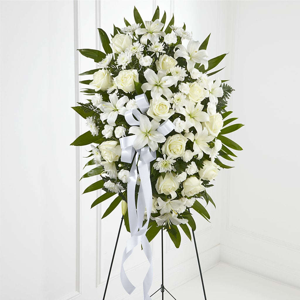Exquisite Tribute Standing Spray-White Ribbon – YOLE'S FLOWERS, New Orleans LA