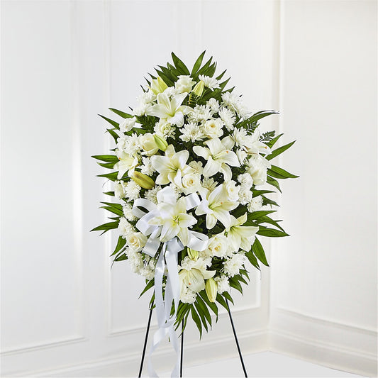 Exquisite Tribute Standing Spray-White Ribbon – YOLE'S FLOWERS, New Orleans LA